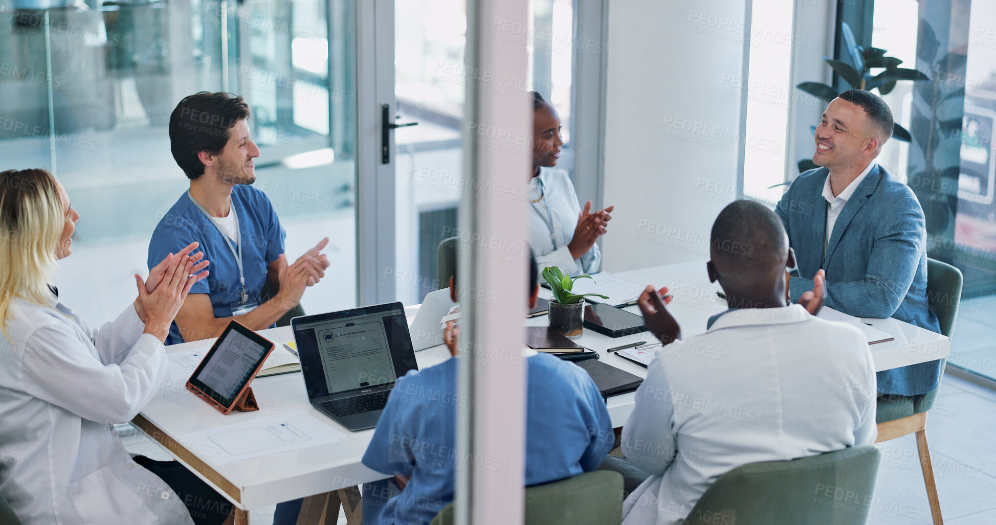 Buy stock photo Doctors, nurses or office meeting applause for medical, event or b2b onboarding celebration. Health, success and team clapping for news or Alzheimer progress, dementia or clinical research support