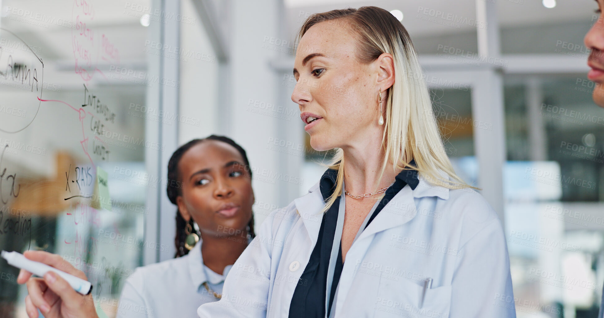 Buy stock photo Doctors, planning and women writing on glass mindmap for brainstorming, agenda or hospital schedule. Medicine, science and ideas for innovation with medical team problem solving together at moodboard