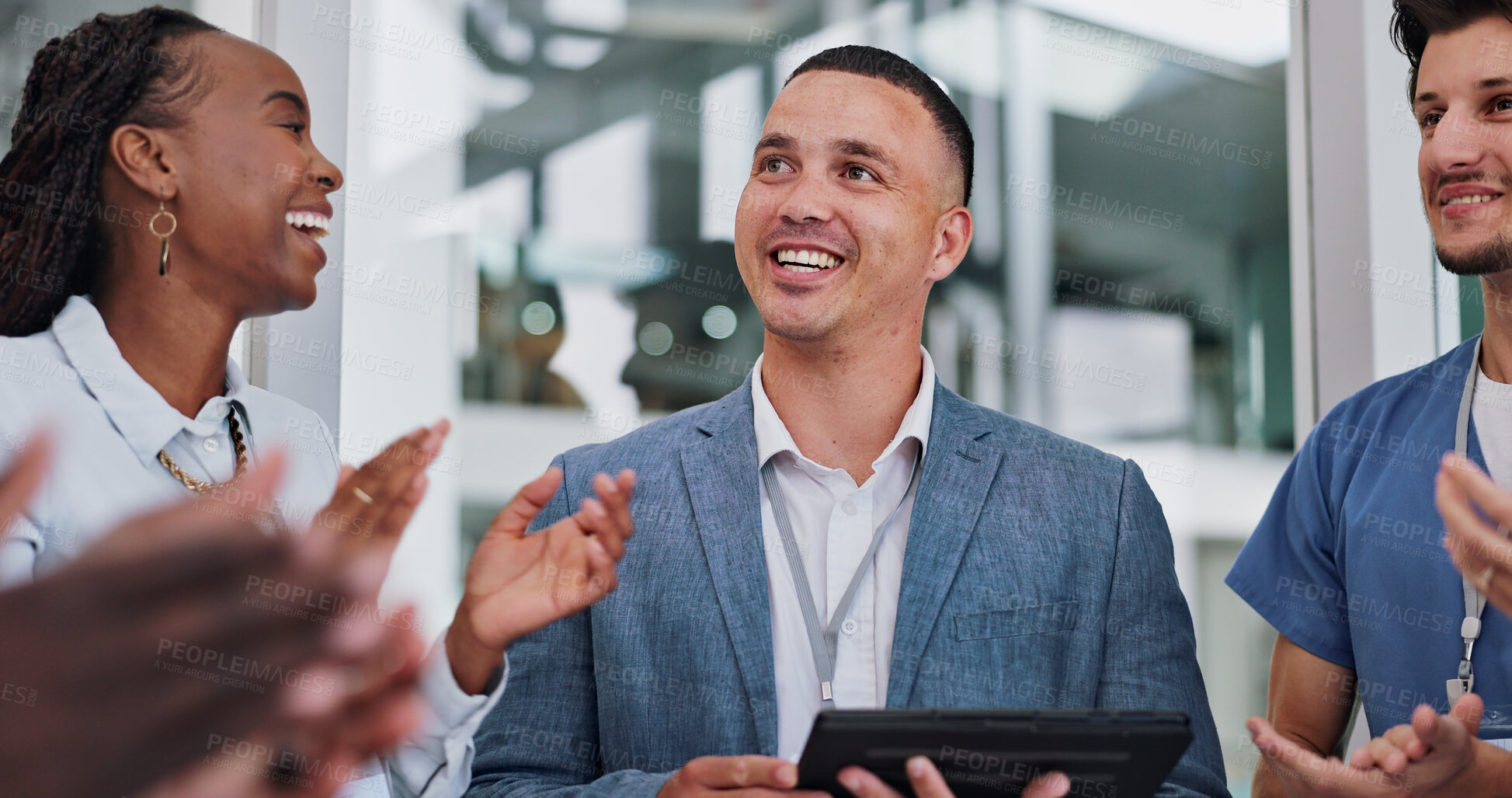 Buy stock photo Doctors, celebrate and people on tablet in hospital for good news, achievement and medical funding. Healthcare, clinic and men and women on digital tech applause for medicine, insurance and teamwork