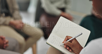 Therapist, hands and writing in notebook in closeup for group consultation, support and helping for mental health. Psychologist, pen and book for review, feedback and patient with community in circle