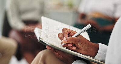 Therapist, hands and writing in notebook in closeup for group consultation, support and helping for mental health. Psychologist, pen and book for review, feedback and patient with community in circle