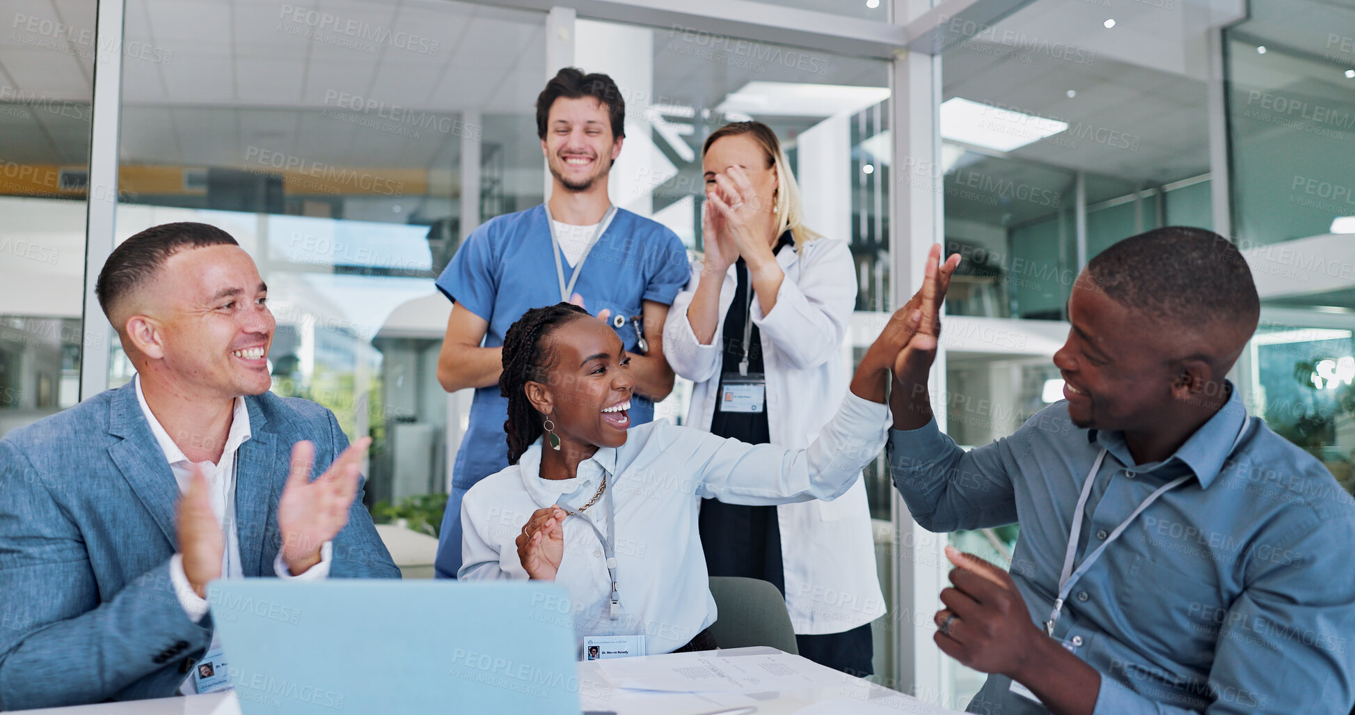 Buy stock photo Success, high five and doctors on laptop in hospital for good news, achievement and medical funding. Healthcare, clinic and men and women on computer applause for meeting, collaboration and teamwork