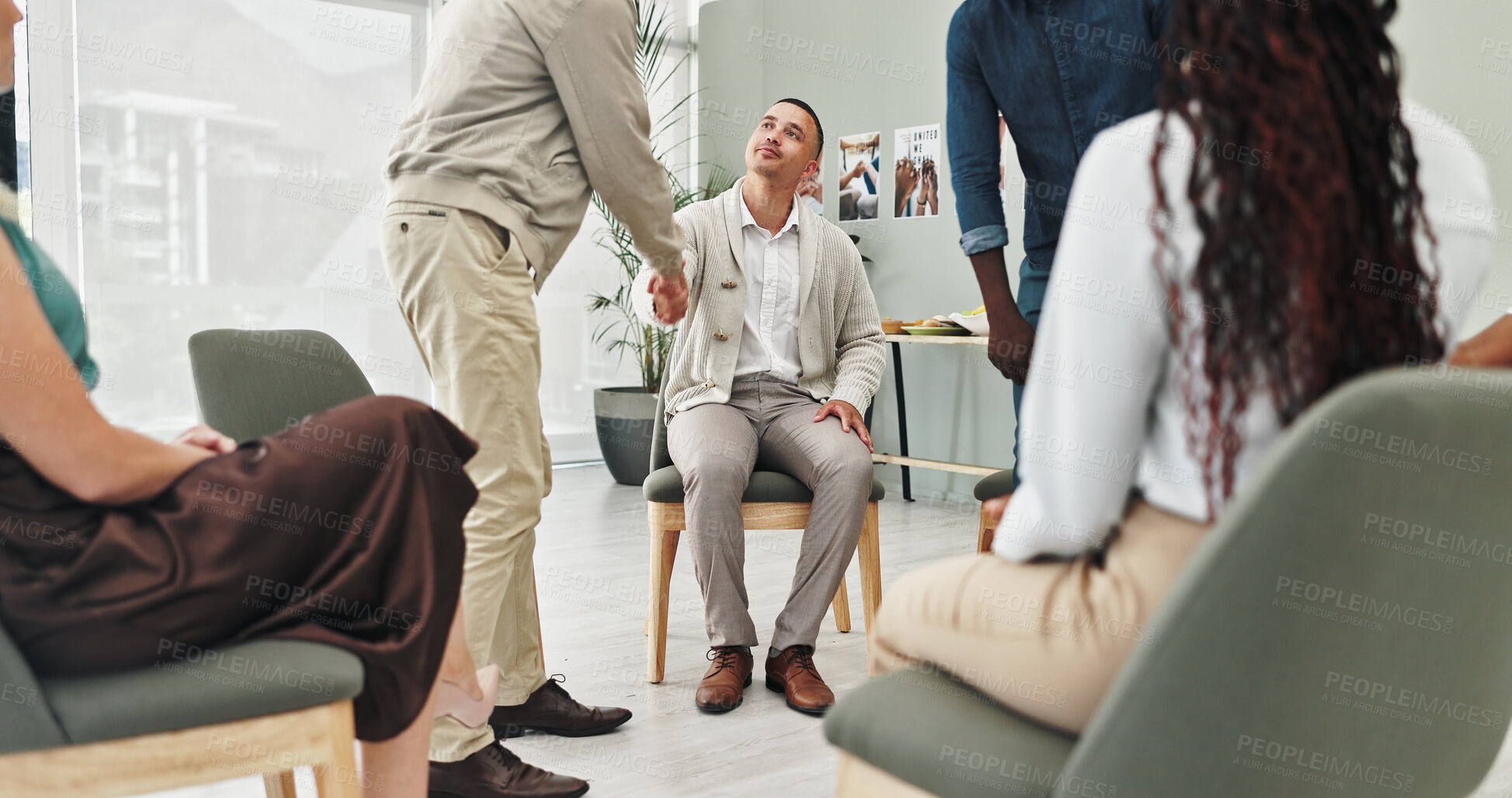 Buy stock photo People, group and therapy in meeting, handshake and listening with advice, empathy and kindness with thank you. Conversation, men and women with communication, welcome and support for mental health