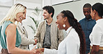 Meeting, business people and welcome handshake in office for hiring, success or b2b thank you. Recruitment, deal and employee group shaking hands for crm, agreement or corporate networking event