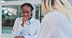 Woman, doctor and sick with discussion of diagnosis with sore throat, neck pain and cough at healthcare consultation. Patient, medical expert and talking to nurse for flu and ill with virus at clinic