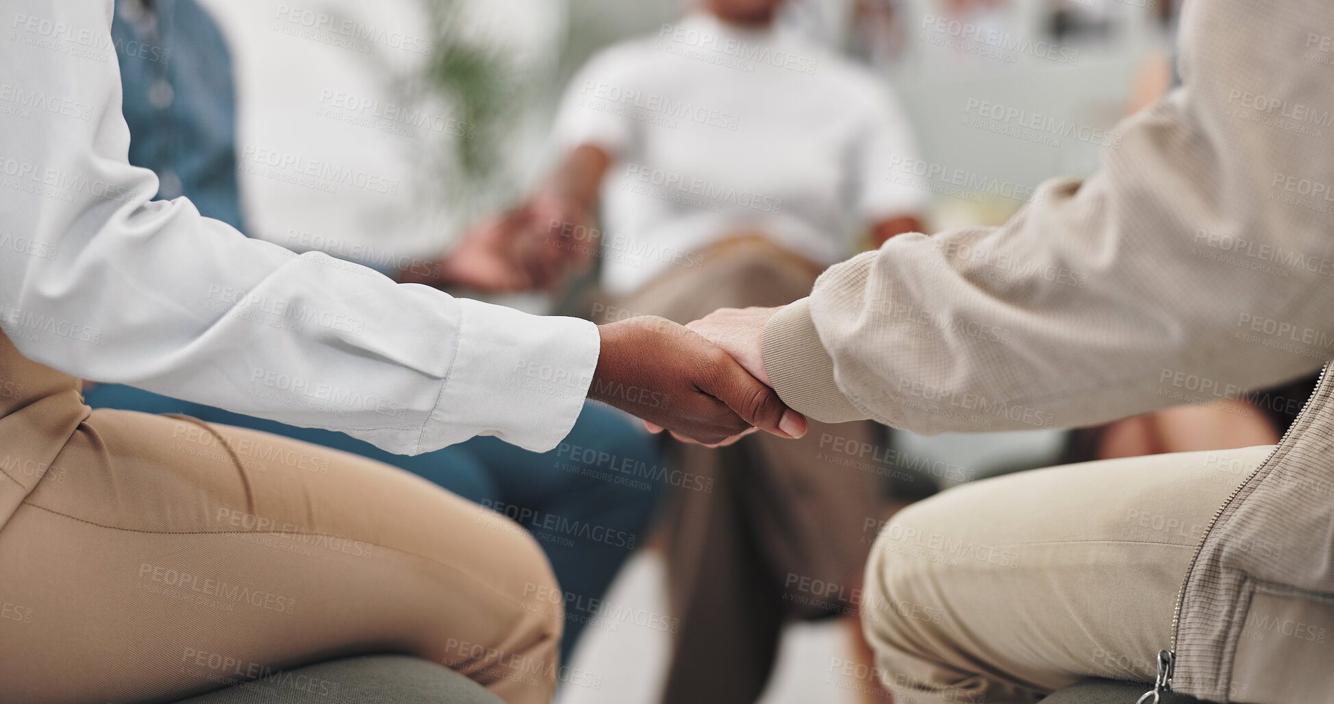 Buy stock photo Hands, group and therapy in circle, support and listening with trust, advice and empathy with kindness. People, community and wellness for mental health, counselling or consultation in meeting