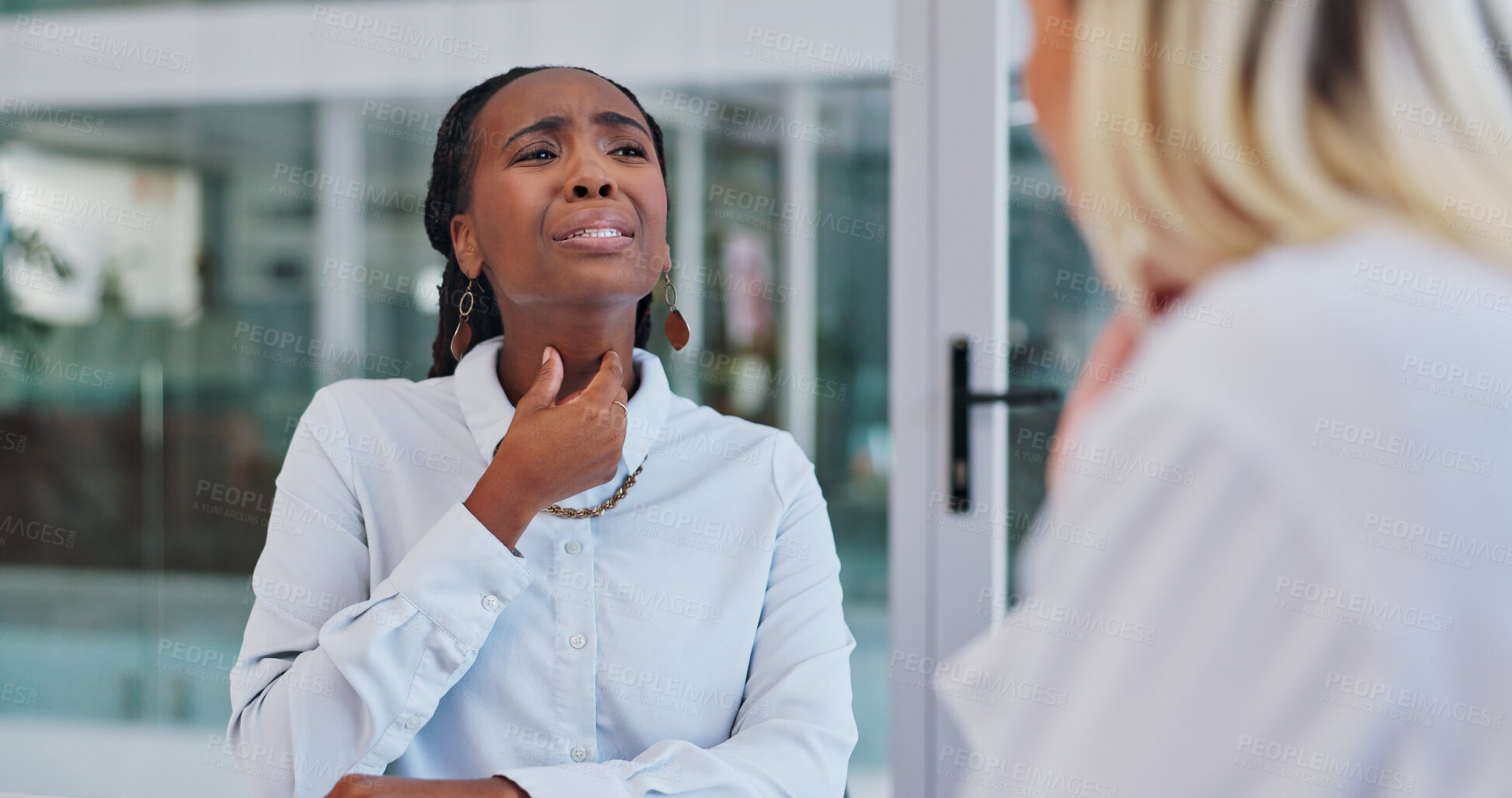 Buy stock photo Sore throat, hospital or black woman consulting doctor for thyroid questions, worry or examination. Healthcare, service or patient with ENT specialist for virus stress, allergies or breathing problem