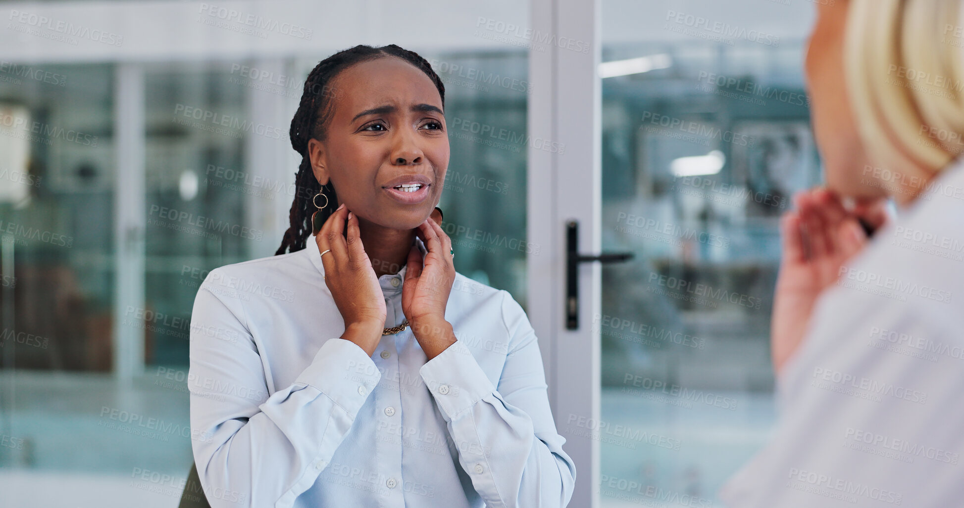 Buy stock photo Hospital, sore throat or black woman consulting doctor for thyroid questions, worry or examination. Healthcare, service or patient with ENT specialist for virus stress, allergies or breathing problem