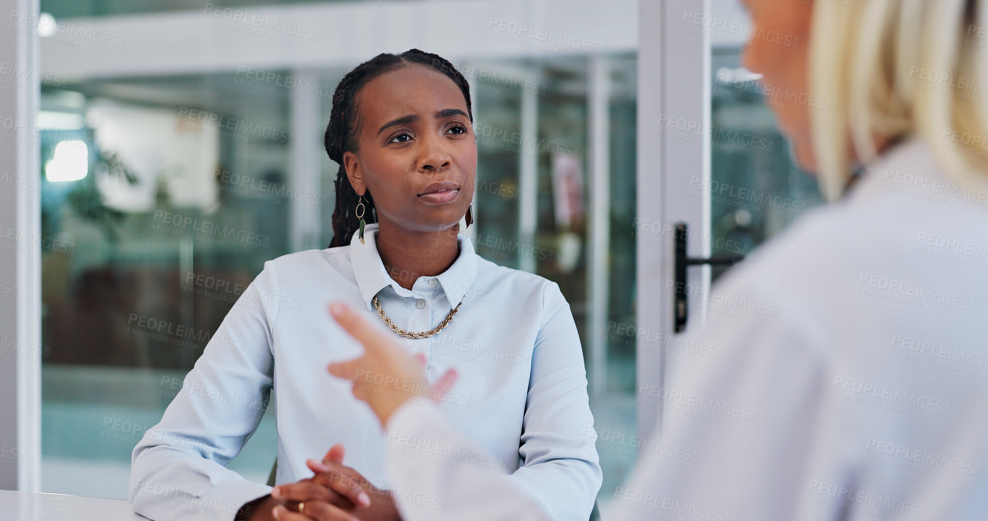 Buy stock photo Meeting, discussion and black woman in office with manager for planning, project and consulting. Corporate, teamwork and workers in conversation, talking and public relations ideas for collaboration