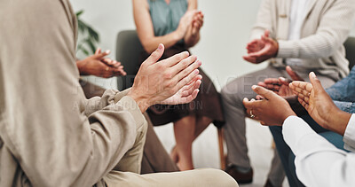 People, applause and together in group therapy with circle, cheers and breakthrough for mental health. Men, women and empathy for clapping hands, help and psychology with goal, success or celebration