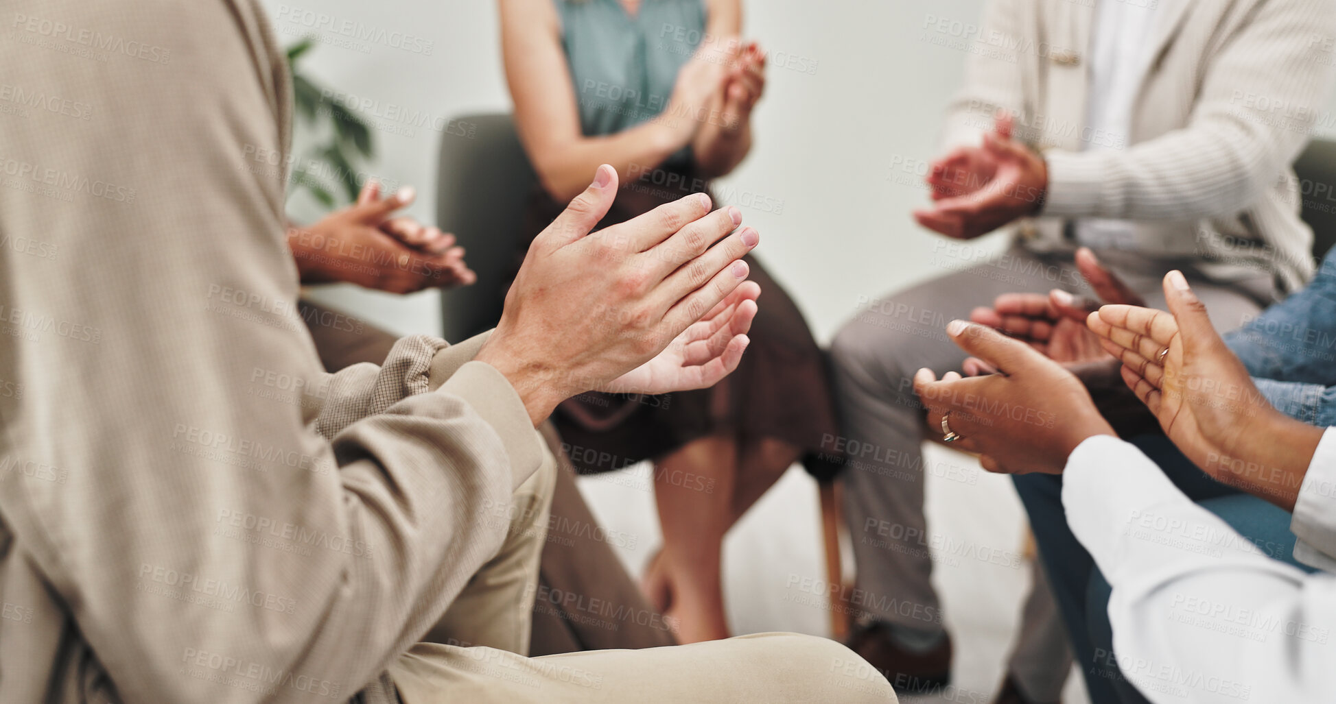 Buy stock photo Group therapy, counseling and hands of people applause in rehabilitation center for progress celebration. Help, psychology and friends clapping in circle for support, motivation or sobriety milestone