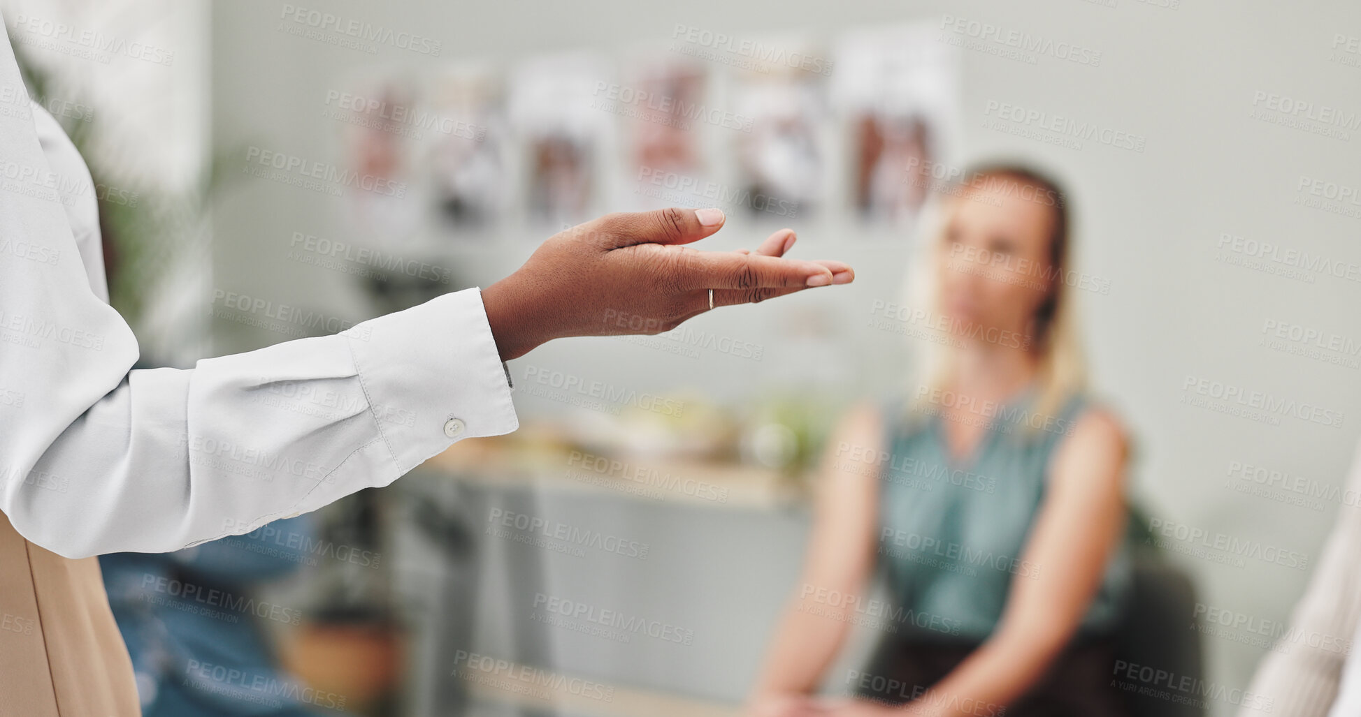 Buy stock photo Hand, psychologist and session with group therapy in closeup for advice, consultation and mental health. People, therapist and guide with counselling, addiction or communication for empathy in circle