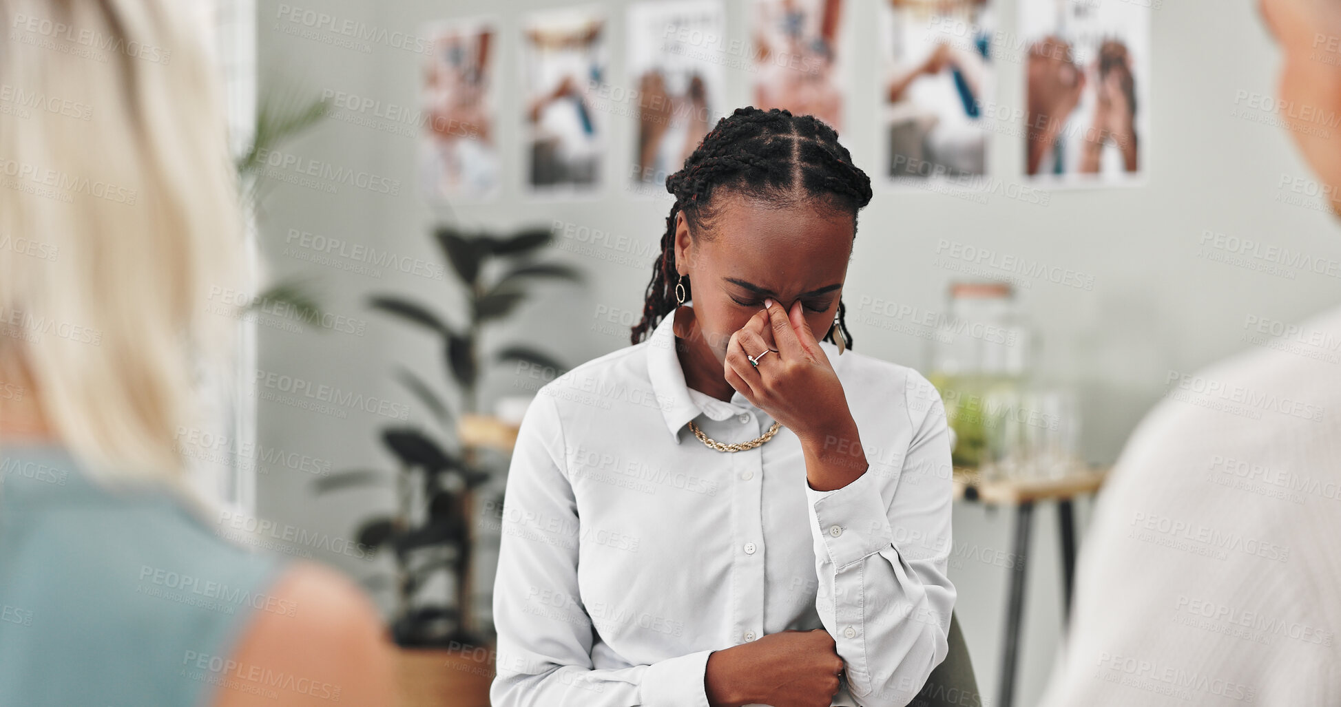 Buy stock photo Woman, crying and mental health in group therapy with support, anxiety and sharing story for counseling. People, psychology and patient with stress, depression or tears in circle for empathy