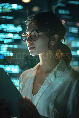 Woman, tablet and futuristic for cybersecurity, code and information technology or website. Computer science, tech and future for programming, dashboard and cloud computing or digital transformation