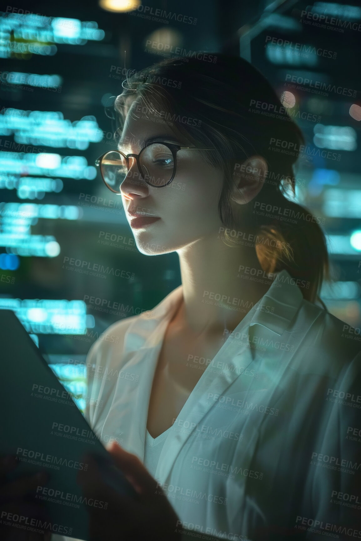 Buy stock photo Woman, tablet and futuristic for cybersecurity, code and information technology or website. Computer science, tech and future for programming, dashboard and cloud computing or digital transformation