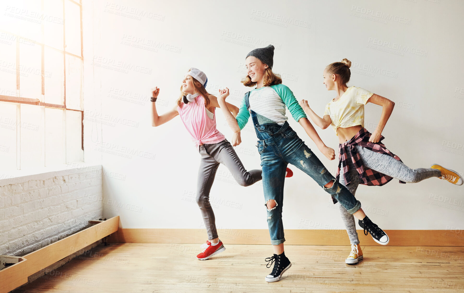 Buy stock photo Dance, girl group and children with music, studio and rhythm for creative art performance or rehearsal. Smile, culture and happy kids in cool hip hop crew for practice, motion or learning in class 