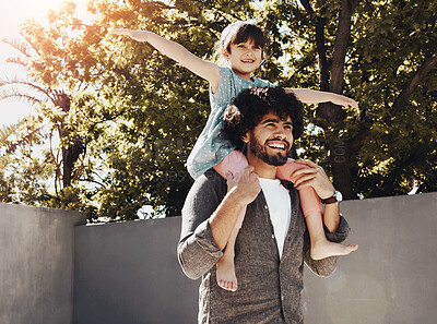 Buy stock photo Happy father, child and love with piggyback at backyard on holiday, freedom or bonding together at home. Dad with daughter, kid or little girl on shoulder for fun flying or enjoying weekend in nature