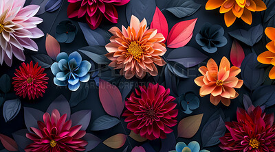 Flowers, plants and 3d art for texture on background, wallpaper or floral backdrop for design of painting pattern. Leaves, natural and color, abstract illustration and graphic decoration of drawing
