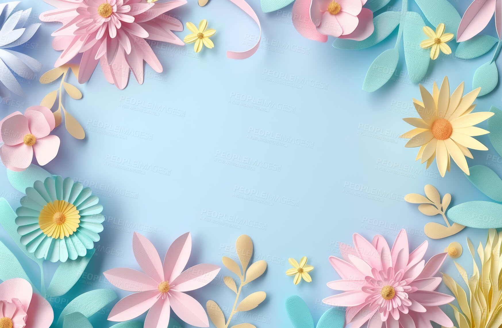 Buy stock photo Flowers, texture and 3d art for illustration with mockup in studio for pastel abstract design. Creative, pattern and blooming floral plants with leaves for border decoration by blue background.