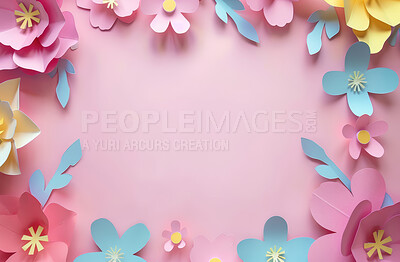 Paper cut, flowers and background design for art with pastel colors for creativity and visualization. Abstract, artistic and painting for wallpaper or decor with floral and roses as card template