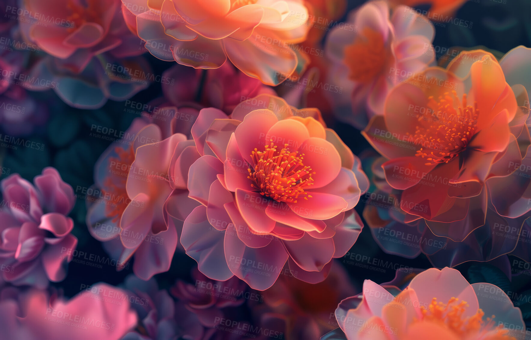 Buy stock photo Abstract, tropical flowers or 3d wallpaper or graphic, plants with technology for cyberpunk. Digital, botanical or floral arrangement on dark background with orange, pink or red and futuristic