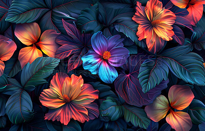 Flower, plant and abstract 3d for wallpaper, background and home decor with texture, design and brush. Floral, bouquet and creative tropical art for interior, backdrop and gallery by artist on canvas