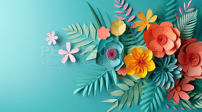 Artificial flowers, above and colorful for springtime artistic crafts, creative diy and decoration isolated. Paper petal, floral and stem with leaf bouquet for orange, yellow or blue on mockup