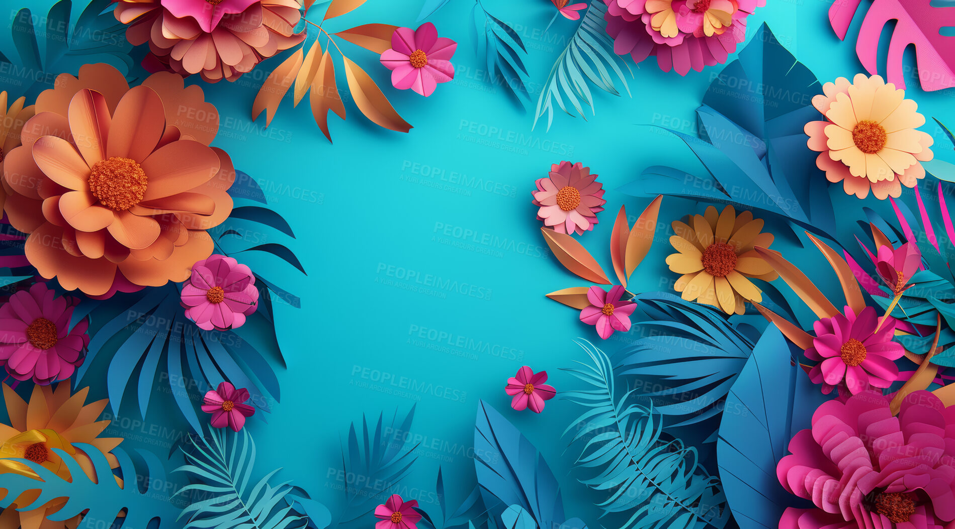 Buy stock photo Flower, wallpaper and design for 3d creativity, art or spring artistic crafts, creative diy or artificial decoration isolated. Paper petal, floral or stem leaf bouquet in orange, blue or pink mockup