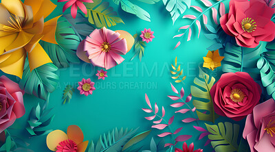 Flowers, colorful and 3d art for illustration with mockup in studio for tropical abstract design. Creative, pattern and blooming floral plants with leaves for border decoration by blue background.