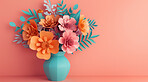 Origami, flowers and paper bouquet in art, 3d render and creative aesthetic on background. Digital, daisy and abstract floral artwork of plants as wallpaper poster or decoration in mock up space