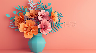 Origami, flowers and paper bouquet in art, 3d render and creative aesthetic on background. Digital, daisy and abstract floral artwork of plants as wallpaper poster or decoration in mock up space