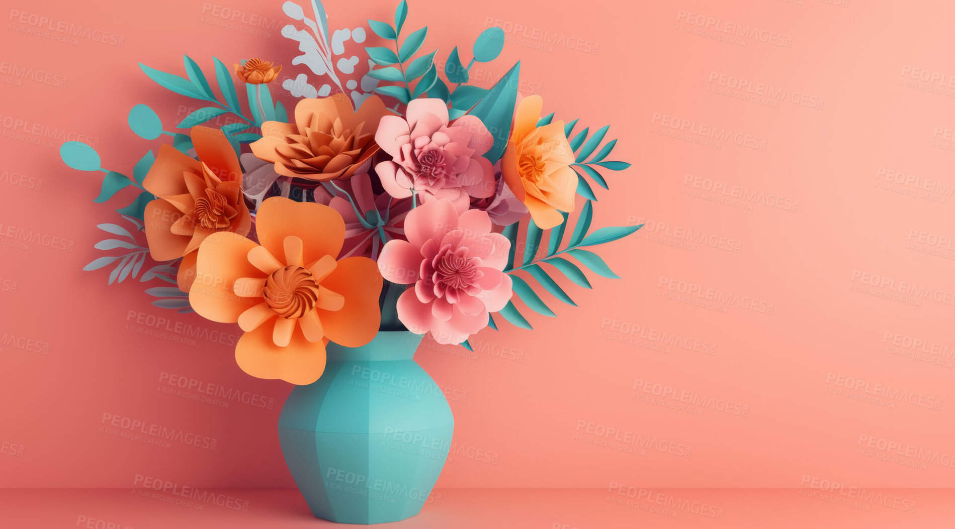 Buy stock photo Origami, flowers and paper bouquet in art, 3d render and creative aesthetic on background. Digital, daisy and abstract floral artwork of plants as wallpaper poster or decoration in mock up space