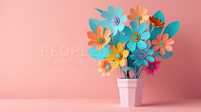 Artificial flowers, vase and colorful for springtime artistic crafts, creative diy and decoration in room. Paper petal, floral and stem with leaf bouquet for orange, yellow or blue on mockup
