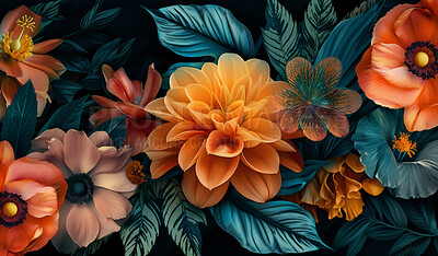 Flowers, plants and 3d wallpaper for art on floral background and backdrop for design of painting texture. Leaves, natural pattern and color, abstract illustration and graphic decoration of drawing