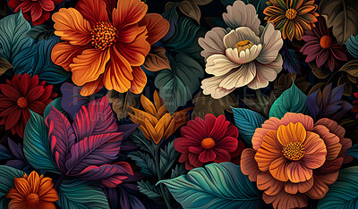 Abstract, tropical flowers or plant wallpaper or art, bright with technology for cyberpunk. Digital Hibiscus or floral arrangement on dark background with orange, blue or red and futuristic beauty