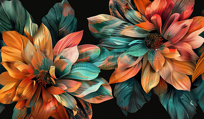 Abstract, tropical plants or 3d wallpaper or art, flowers with technology for cyberpunk. Digital, botanical or floral arrangement on dark background with orange, blue or red and futuristic beauty