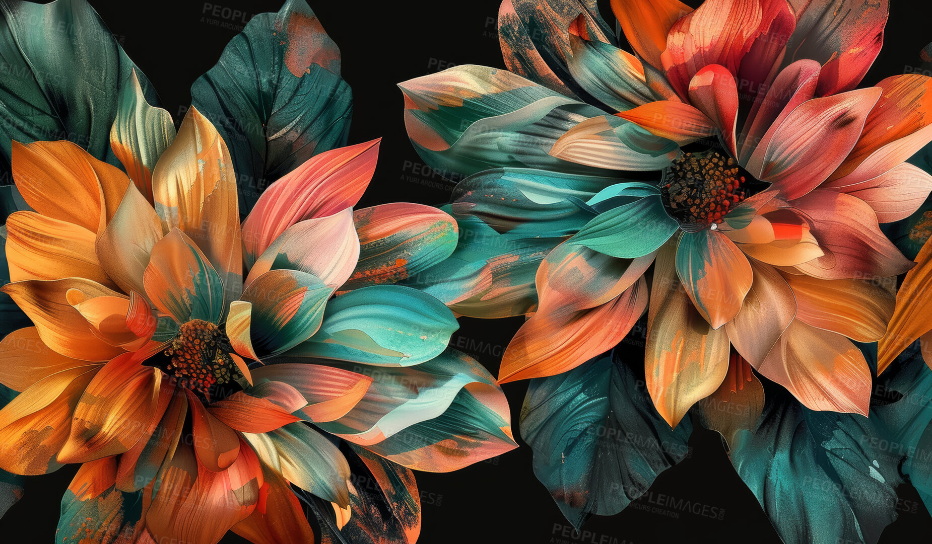 Buy stock photo Abstract, tropical plants or 3d wallpaper or art, flowers with technology for cyberpunk. Digital, botanical or floral arrangement on dark background with orange, blue or red and futuristic beauty