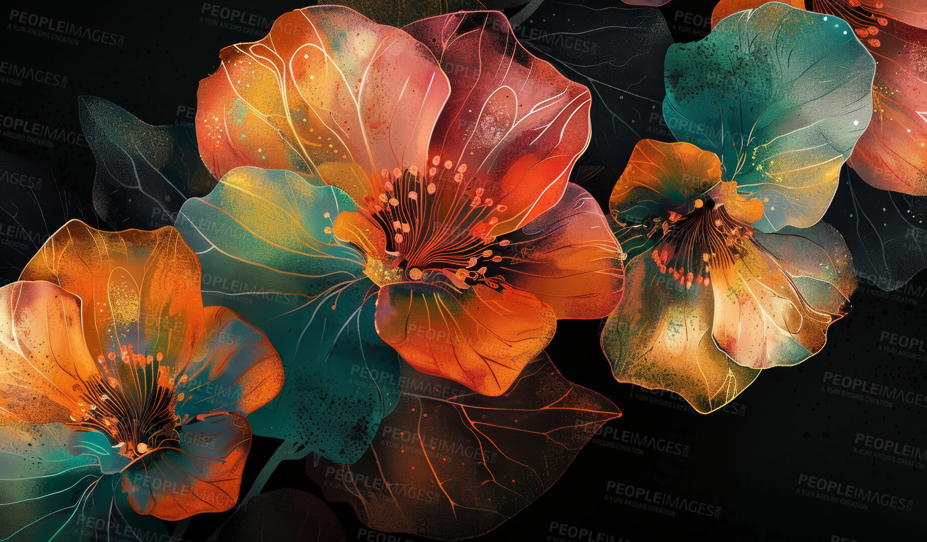 Buy stock photo Flowers, art and drawing of 3d wallpaper, nature and floral on black background. Abstract, watercolor and blossom illustration of leaves or plants, botanical and composition with creative bouquet