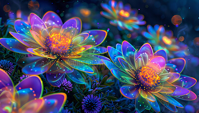 Digital floral or glowing neon background or wallpaper, abstract or graphic with technology. Psychedelic floral, print or design with creative tools for futuristic Chrysanthemum, wow for cyberpunk