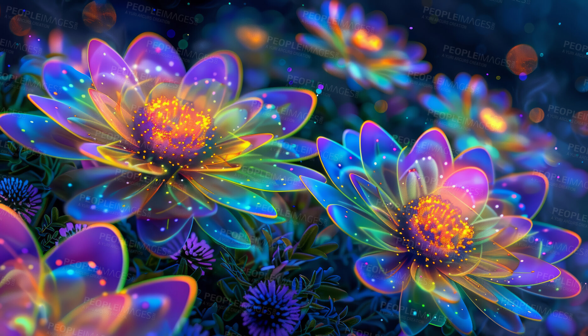 Buy stock photo Digital floral or glowing neon background or wallpaper, abstract or graphic with technology. Psychedelic flower, print or design with creative 3d for futuristic Chrysanthemum, wow for cyberpunk