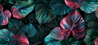 Tropical, art and painting of leaves for illustration with metallic texture, design and creativity. Dark, creative and floral pattern with nature for abstract artwork, wallpaper and background