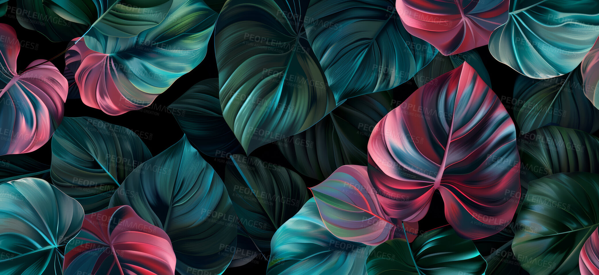 Buy stock photo Tropical, art and painting of leaves for illustration with metallic texture, design and creativity. Dark, creative and floral pattern with nature for abstract artwork, wallpaper and background