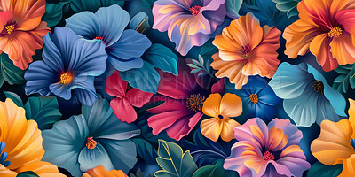 Creative, colorful and illustration of abstract flowers for wallpaper, decoration or background. Art, texture and drawing of graphic floral plants for pattern with blooming tropical botany design.