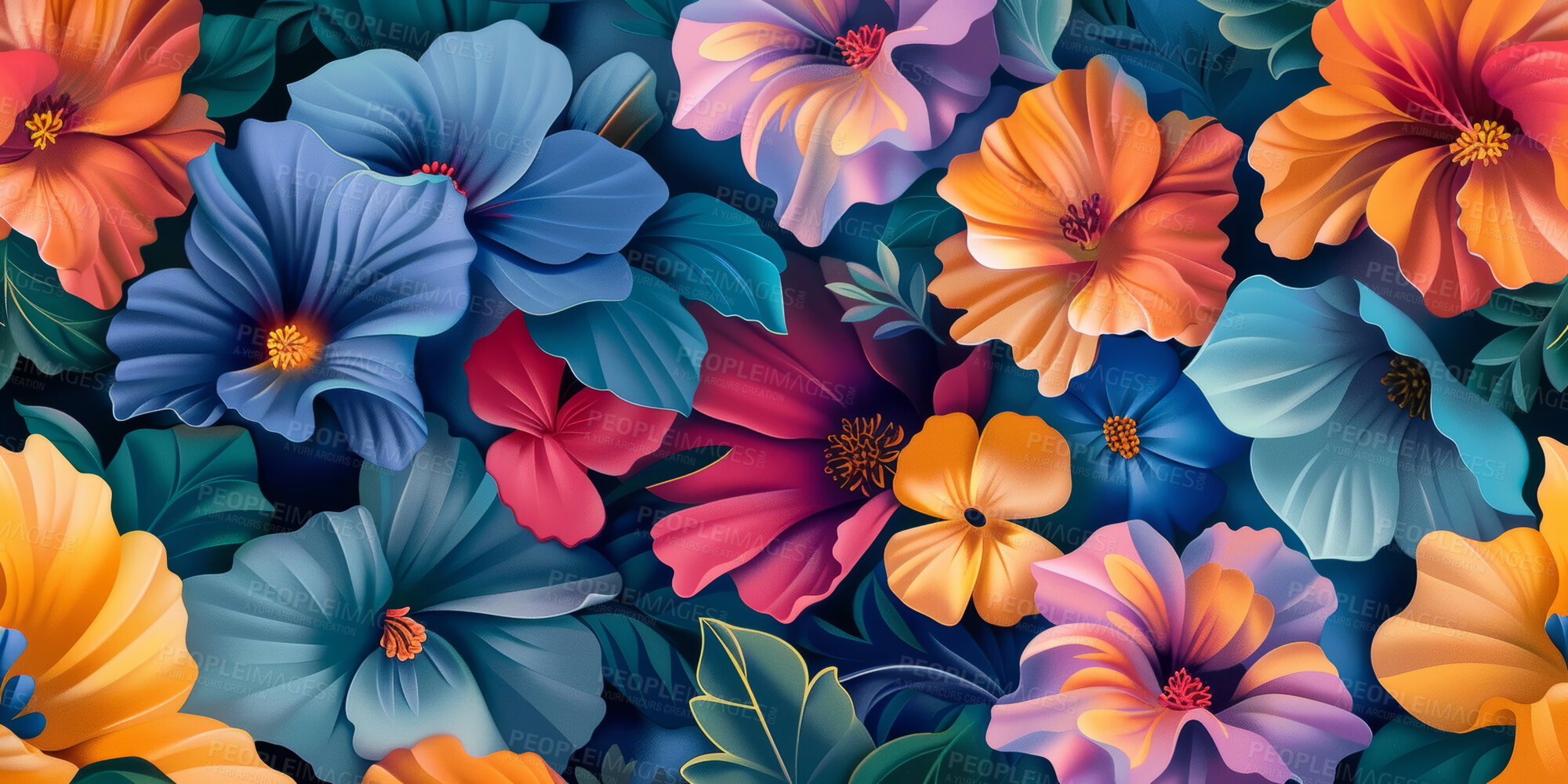 Buy stock photo Creative, colorful and illustration of abstract flowers for wallpaper, decoration or background. Art, texture and drawing of graphic floral plants for pattern with blooming tropical botany design.