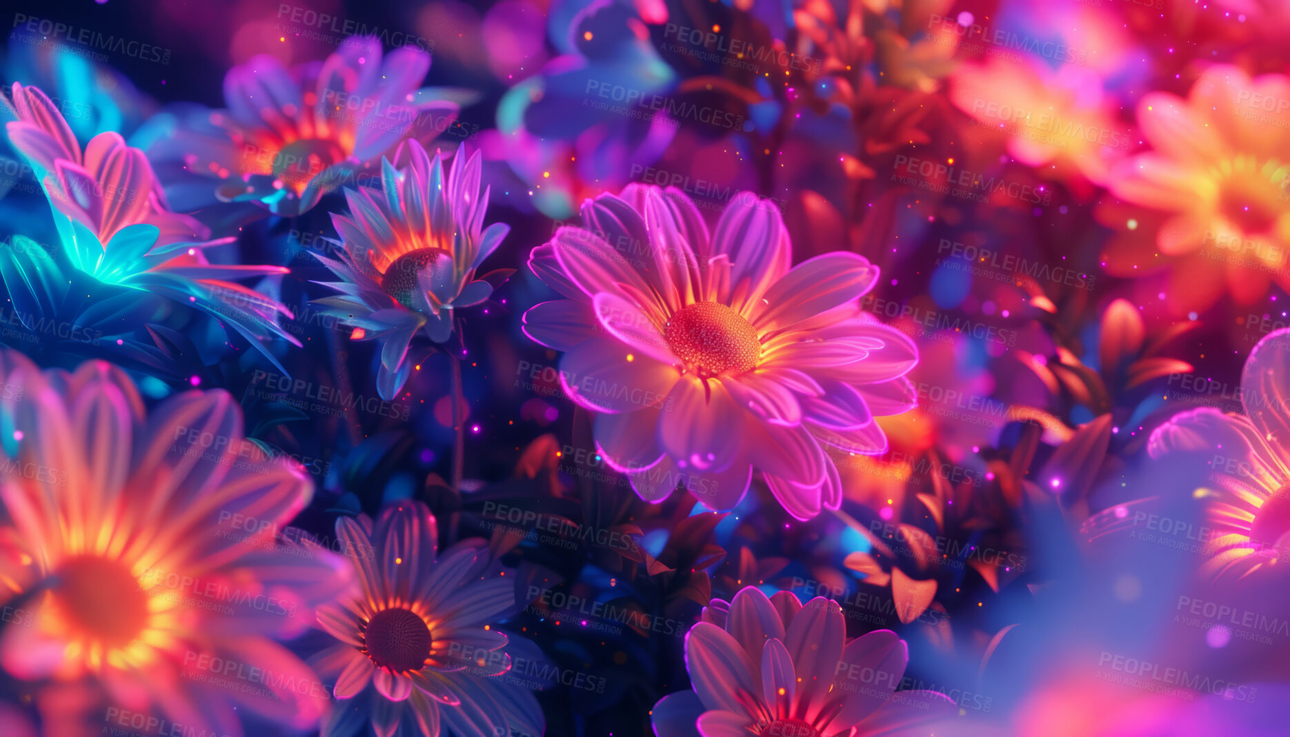 Buy stock photo Digital flowers, bright neon and background for garden, abstract or graphic with technology. Psychedelic floral, 3d print or design with creative tools for futuristic Chrysanthemum, wow or cyberpunk