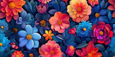 Art, colorful and 3d of abstract flowers for wallpaper, decoration or background. Illustration, creative and drawing of graphic floral plants for pattern with blooming tropical botany for design.