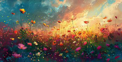 Flowers, painting and sunset landscape with field in nature in spring with clouds. Digital art, plants and poster of meadow in heaven with creativity in light, color or countryside illustration