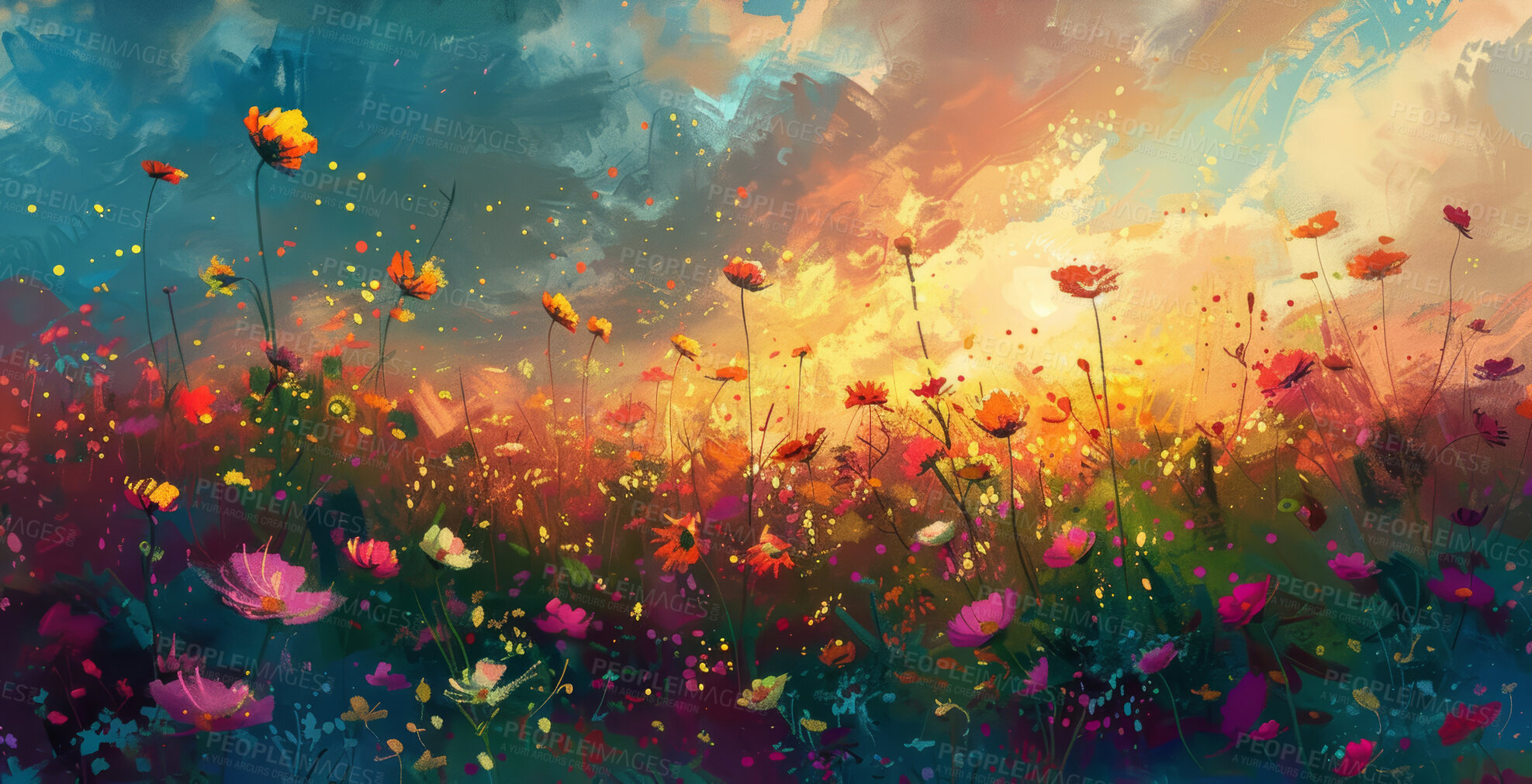 Buy stock photo Flowers, painting and sunset landscape with field in nature in spring with clouds. Digital art, plants and poster of meadow in heaven with creativity in light, color or countryside illustration