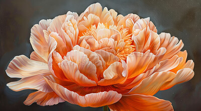 Flower, orange and peony in painting for art, decor and texture on canvas for color, beauty and nature. Blossom, floral and delicate and fresh for interior, design and home in spring with plants