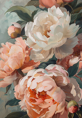 Flowers, illustration and painting for art on canvas for abstract blooming with pink petals. Natural, creative and bouquet of peony floral plants with artistic watercolor for botanic texture.